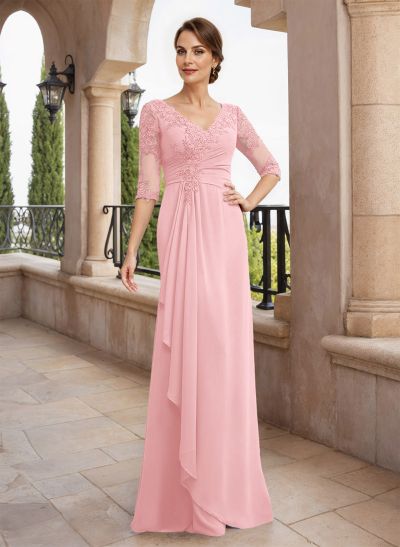 V-Neck Semi Sheer Illusion Long Sleeves Mother Of The Bride Dresses With Appliques Lace