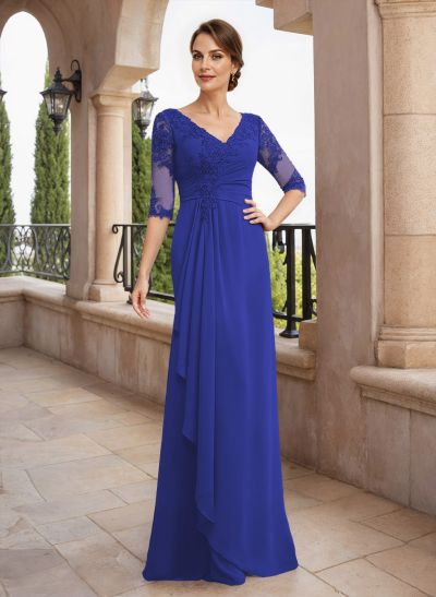 Sheath/Column V-Neck Chiffon Mother Of The Bride Dresses With Appliques Lace