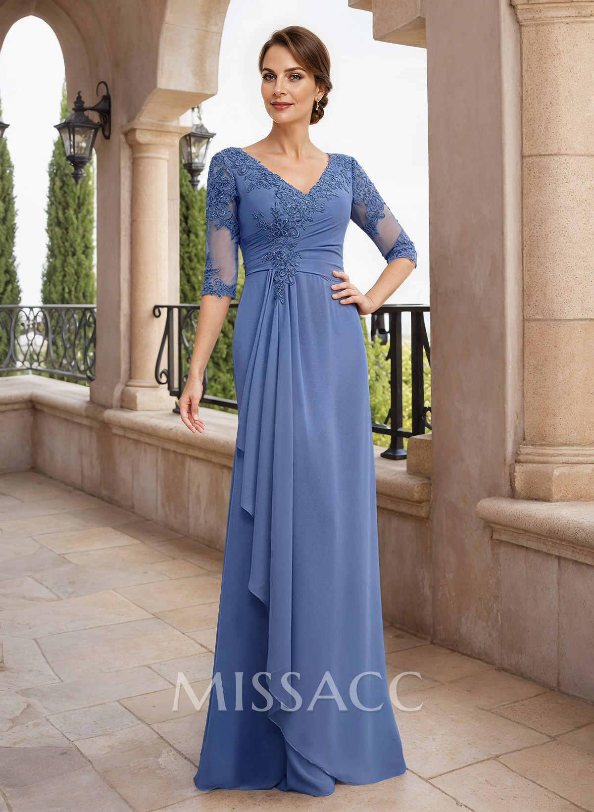 V-Neck Semi Sheer Illusion Long Sleeves Mother Of The Bride Dresses With Appliques Lace
