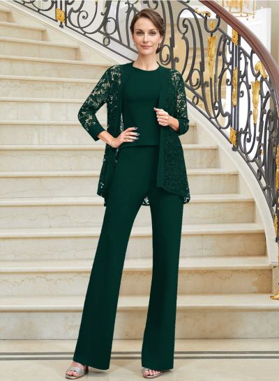 Pantsuit Scoop Neck Elastic Satin Mother Of The Bride Dresses With Lace Jacket