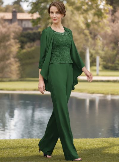 Modest Beading Scoop Neck Pantsuit Lace Mother Of The Bride Dresses With Jacket