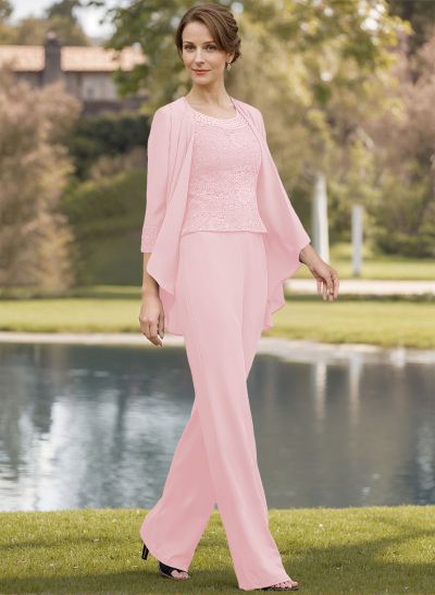 Modest Beading Scoop Neck Pantsuit Lace Mother Of The Bride Dresses With Jacket