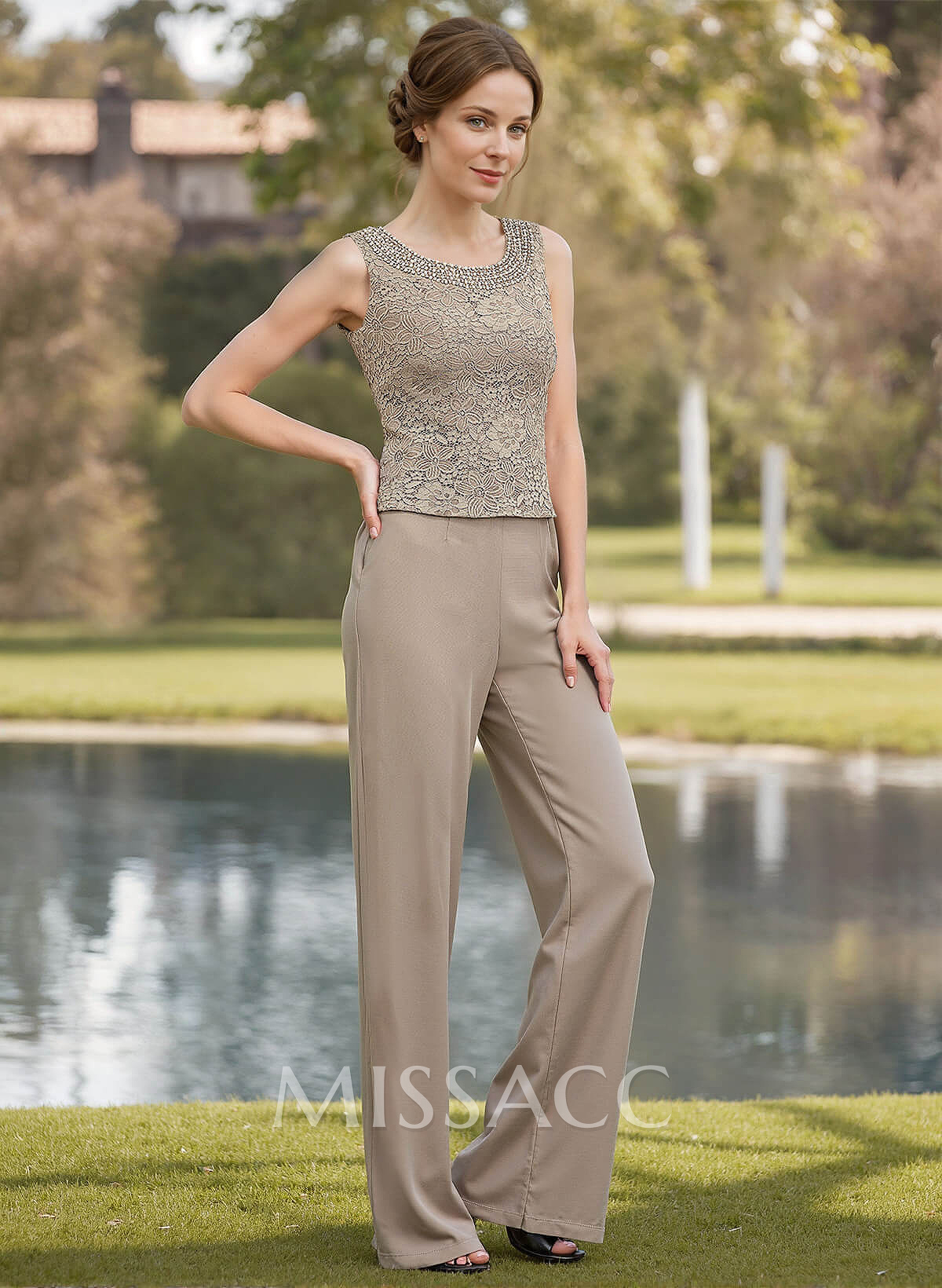 Modest Beading Scoop Neck Pantsuit Lace Mother Of The Bride Dresses With Jacket