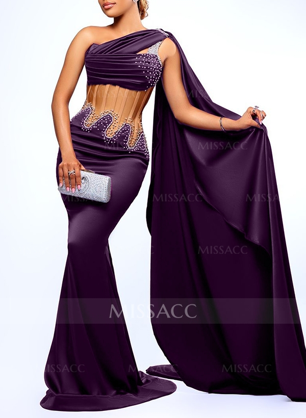 Trumpet/Mermaid One-Shoulder Silk Like Satin Prom Dresses With Beading