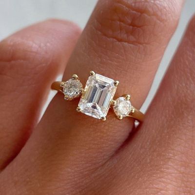 Unique Emerald Cut Simulated Diamond Engagement Ring In Sterling Silver