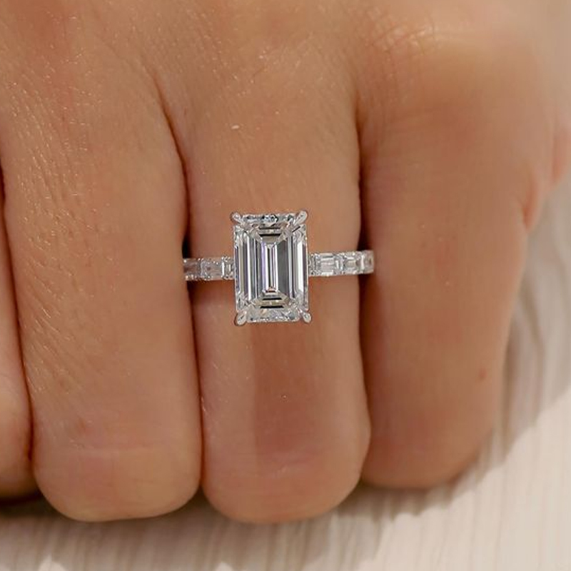 Emerald Cut Simulated Diamond Engagement Ring In Sterling Silver