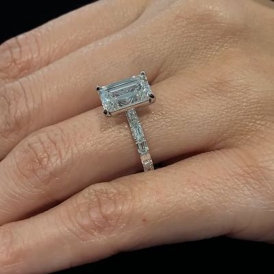 Emerald Cut Simulated Diamond Engagement Ring In Sterling Silver