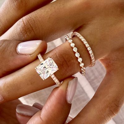 Unique Radiant Cut Simulated Diamond Engagement Ring Sets In Sterling Silver