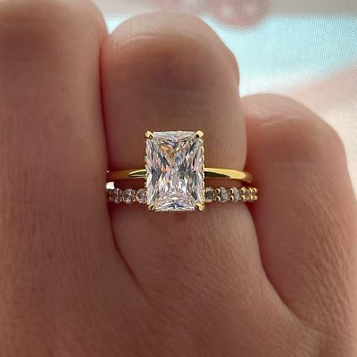 Classic Radiant Cut Simulated Diamond Engagement Ring Sets In Sterling Silver