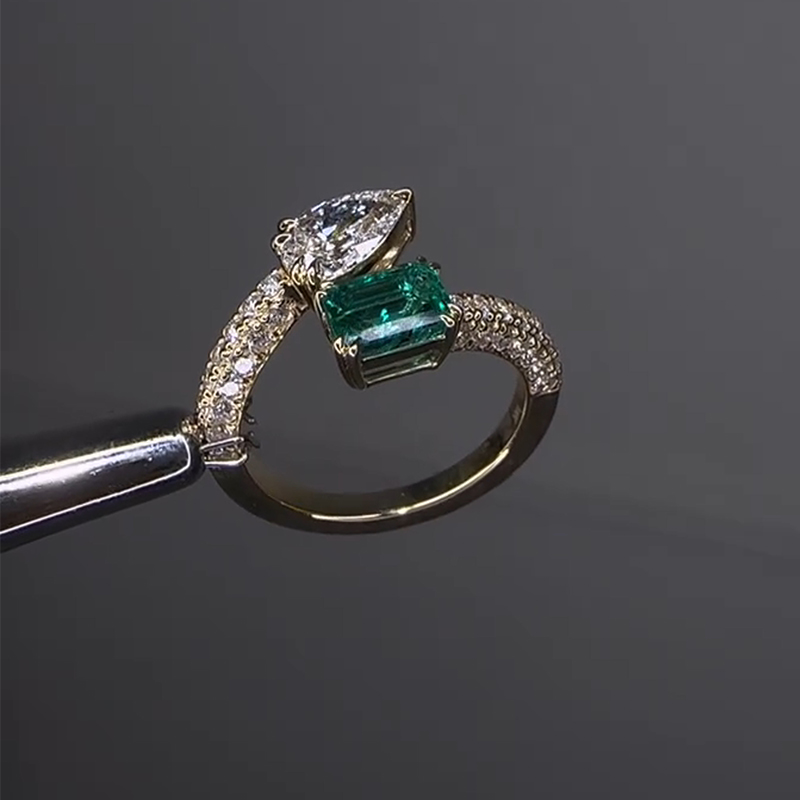 Unique Emerald Cut Simulated Diamond Engagement Ring In Sterling Silver