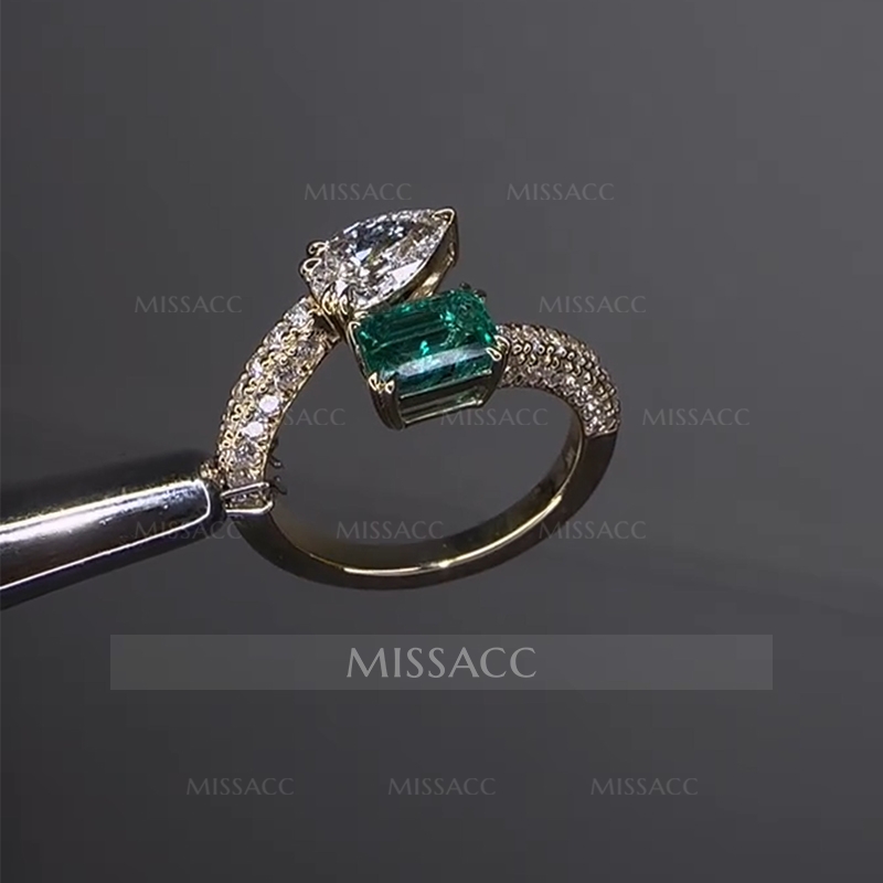 Unique Emerald Cut Simulated Diamond Engagement Ring In Sterling Silver