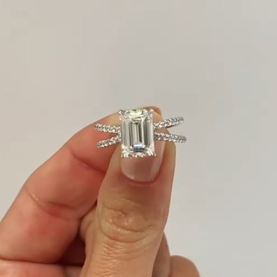 Classic Emerald Cut Simulated Diamond Engagement Ring In Sterling Silver