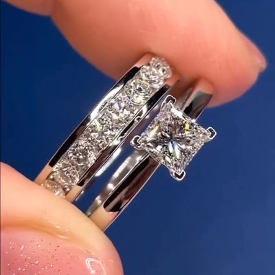 Unique Princess Cut Simulated Diamond Engagement Ring Sets In Sterling Silver