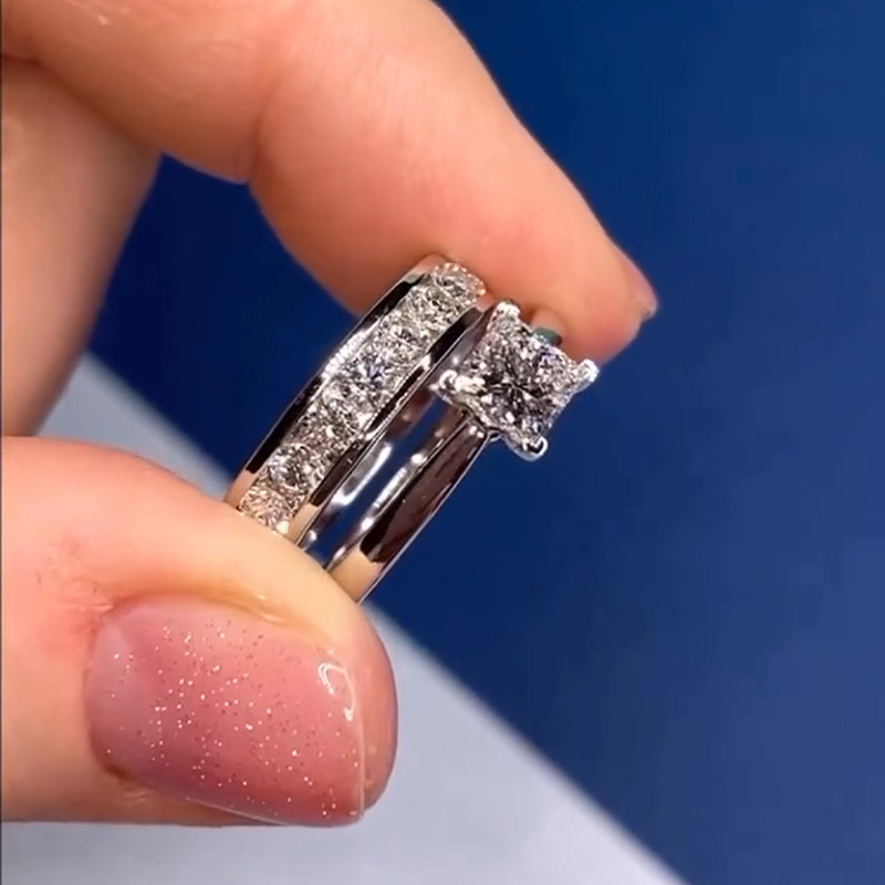 Unique Princess Cut Simulated Diamond Engagement Ring Sets In Sterling Silver