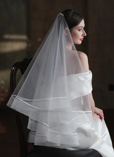 Simple Horsehair Edge Two Tier Tulle Bridal Fingertip Length Wedding Veil