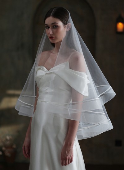 Simple Horsehair Edge Two Tier Tulle Bridal Fingertip Length Wedding Veil