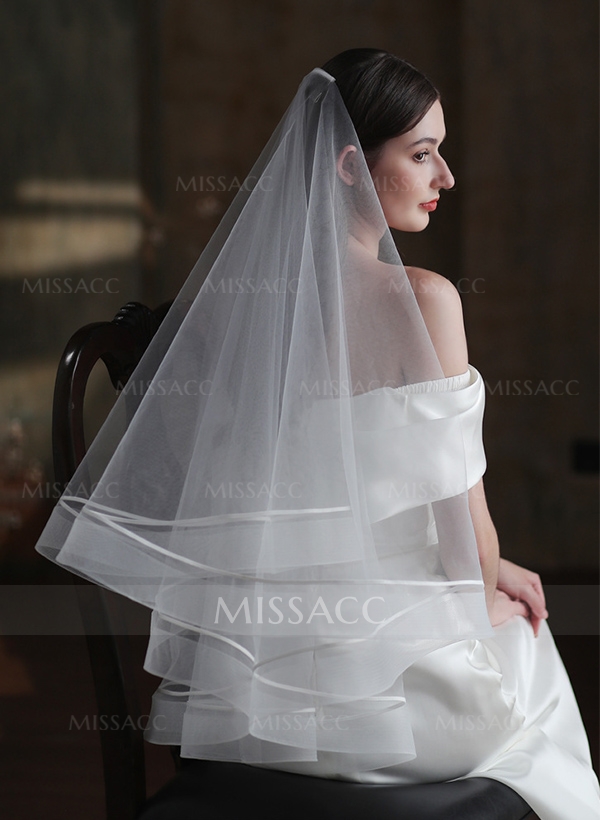 Simple Horsehair Edge Two Tier Tulle Bridal Fingertip Length Wedding Veil