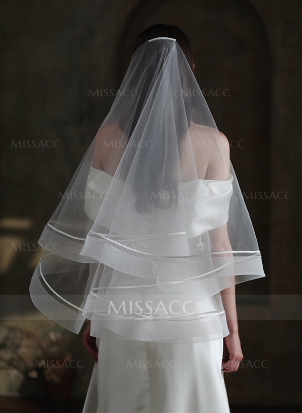 Simple Horsehair Edge Two Tier Tulle Bridal Fingertip Length Wedding Veil