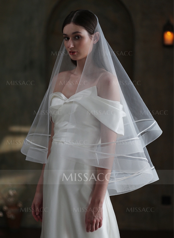 Simple Horsehair Edge Two Tier Tulle Bridal Fingertip Length Wedding Veil