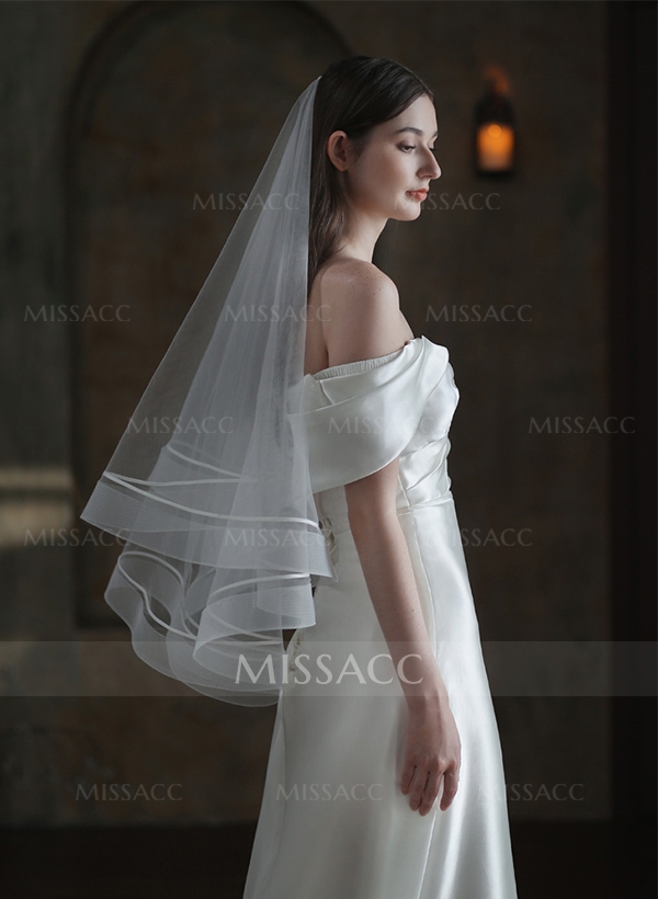 Simple Horsehair Edge Two Tier Tulle Bridal Fingertip Length Wedding Veil