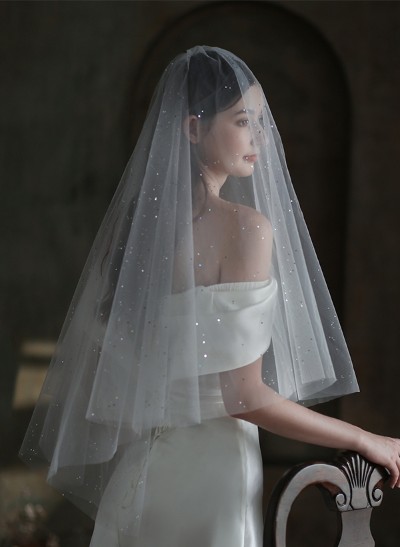 Simple Cut Edge Two Tier Tulle Bridal Fingertip Length Wedding Veil