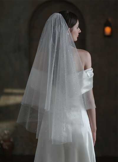 Simple Cut Edge Two Tier Tulle Bridal Fingertip Length Wedding Veil