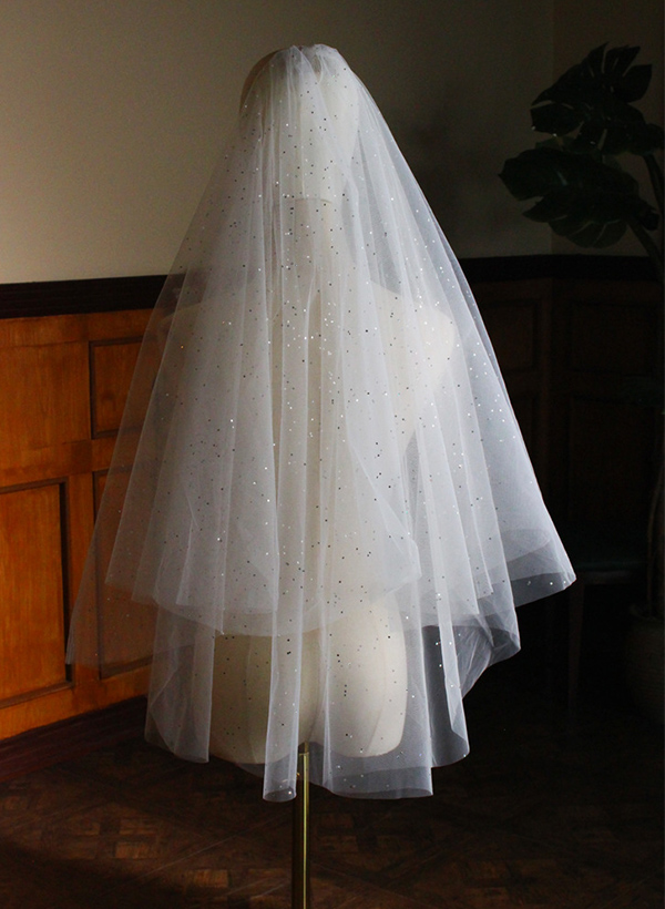 Simple Cut Edge Two Tier Tulle Bridal Fingertip Length Wedding Veil