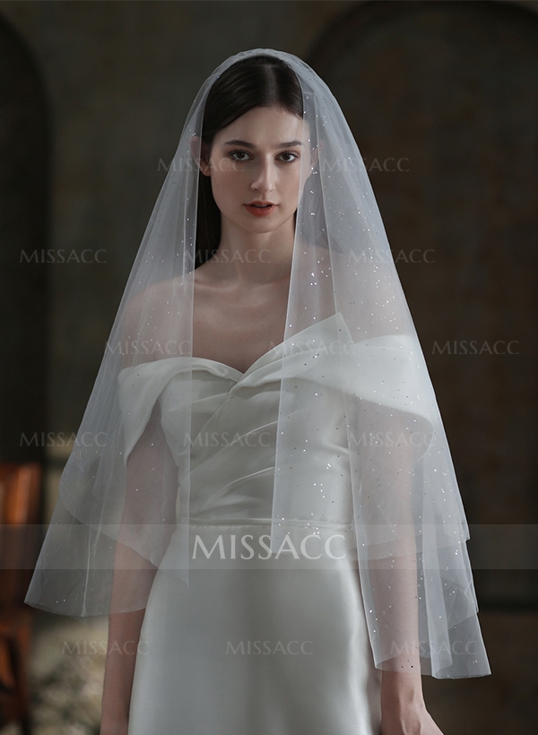 Simple Cut Edge Two Tier Tulle Bridal Fingertip Length Wedding Veil