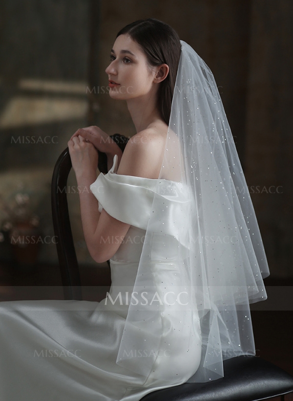 Simple Cut Edge Two Tier Tulle Bridal Fingertip Length Wedding Veil