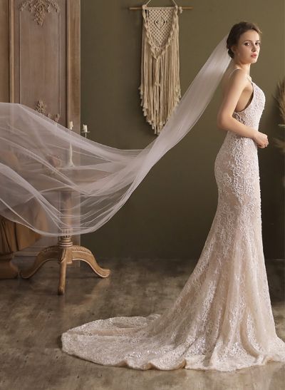 Simple Cut Edge Single Tier Tulle Bridal Chapel Length Wedding Veils