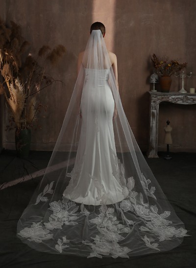 Cut Edge Single Tier Tulle Bridal Cathedral Length Wedding Veils With Appliques Lace