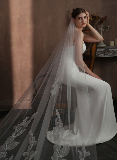 Cut Edge Single Tier Tulle Bridal Cathedral Length Wedding Veils With Appliques Lace