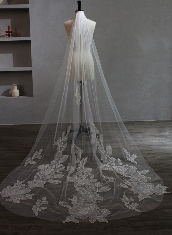 Cut Edge Single Tier Tulle Bridal Cathedral Length Wedding Veils With Appliques Lace