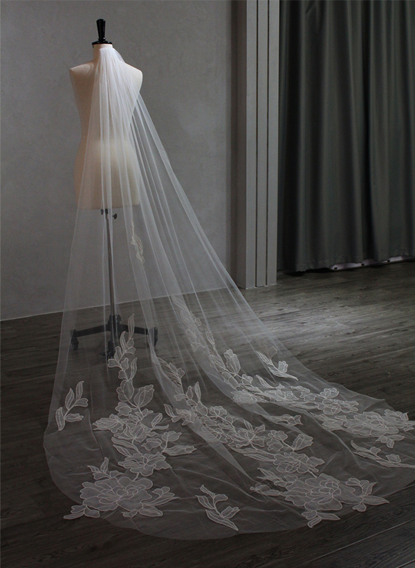 Cut Edge Single Tier Tulle Bridal Cathedral Length Wedding Veils With Appliques Lace