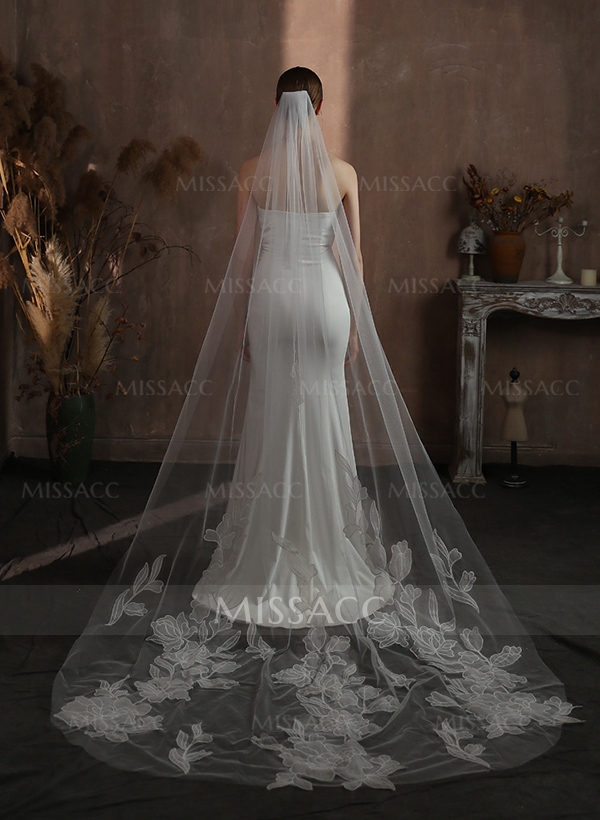 Cut Edge Single Tier Tulle Bridal Cathedral Length Wedding Veils With Appliques Lace