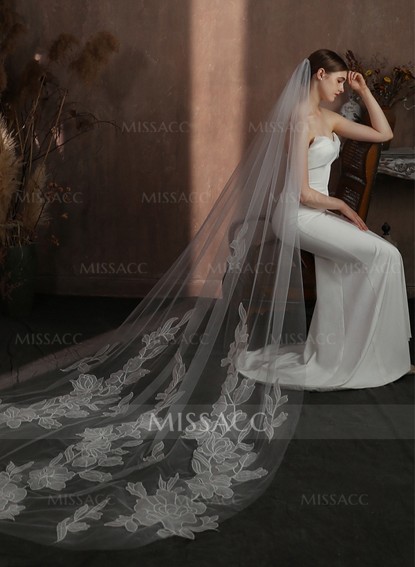 Cut Edge Single Tier Tulle Bridal Cathedral Length Wedding Veils With Appliques Lace