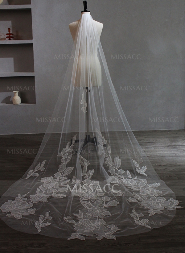 Cut Edge Single Tier Tulle Bridal Cathedral Length Wedding Veils With Appliques Lace