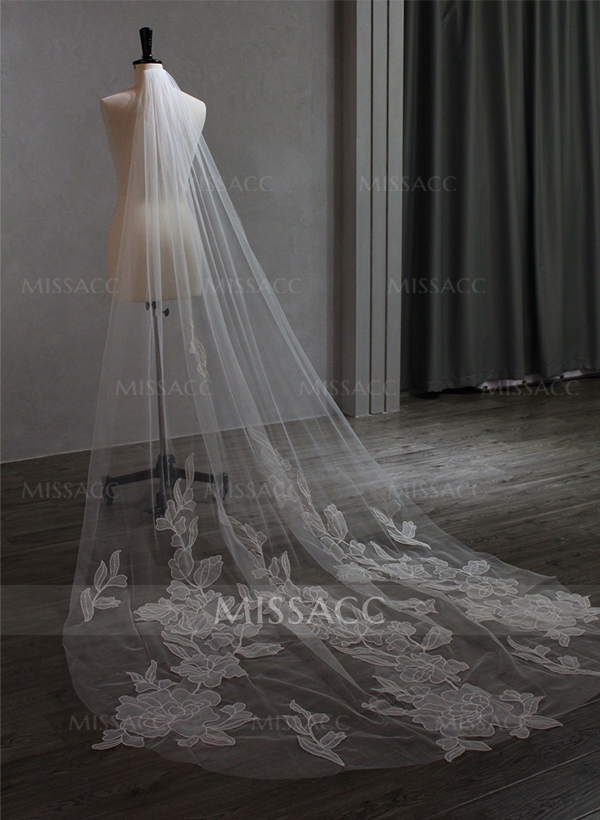 Cut Edge Single Tier Tulle Bridal Cathedral Length Wedding Veils With Appliques Lace