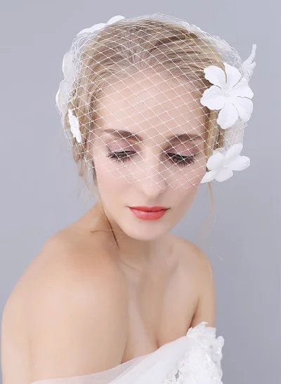 Simple Cut Edge Single Tier Lace Bridal Birdcage Veil with Floral Detail