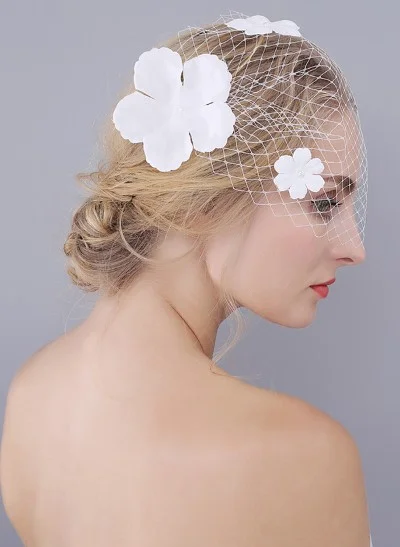 Simple Cut Edge Single Tier Lace Bridal Birdcage Veil with Floral Detail