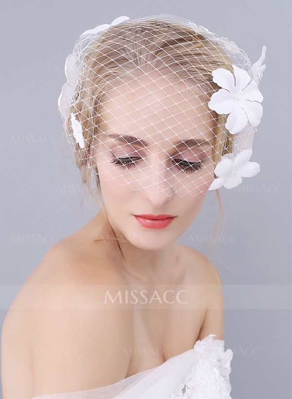 Simple Cut Edge Single Tier Lace Bridal Birdcage Wedding Veil With Floral