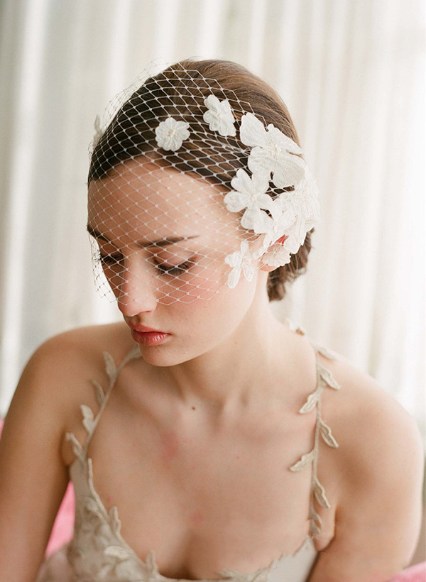 Simple Cut Edge Single Tier Lace Bridal Birdcage Wedding Veil