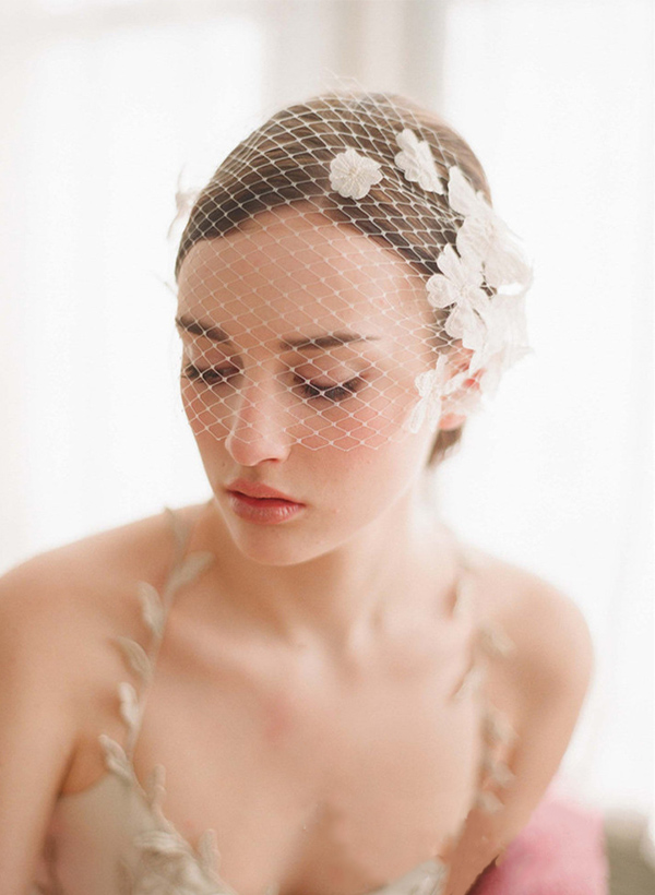 Simple Cut Edge Single Tier Lace Bridal Birdcage Wedding Veil