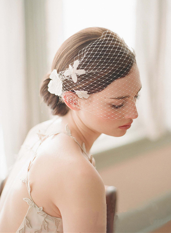 Simple Cut Edge Single Tier Lace Bridal Birdcage Wedding Veil