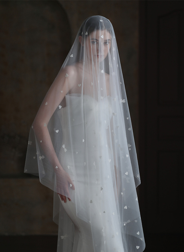 Simple Cut Edge Single Tier Tulle Bridal Chapel Length Wedding Veil