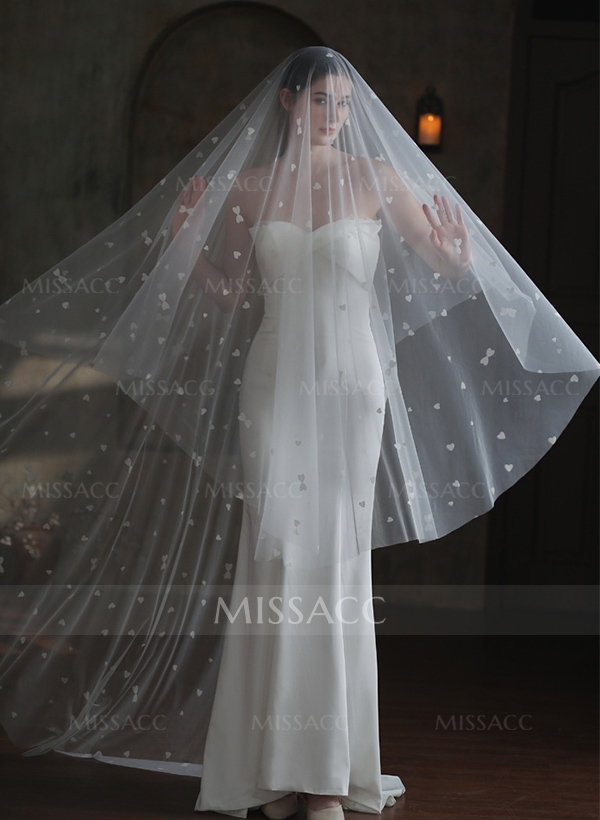 Simple Cut Edge Single Tier Tulle Bridal Chapel Length Wedding Veil