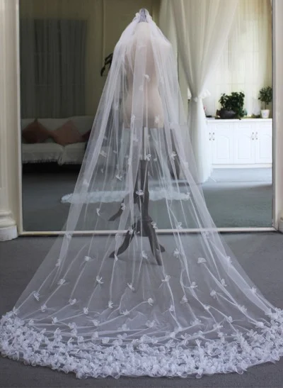 Single Tier Tulle Chapel Length Wedding Veil with Floral Lace Trim
