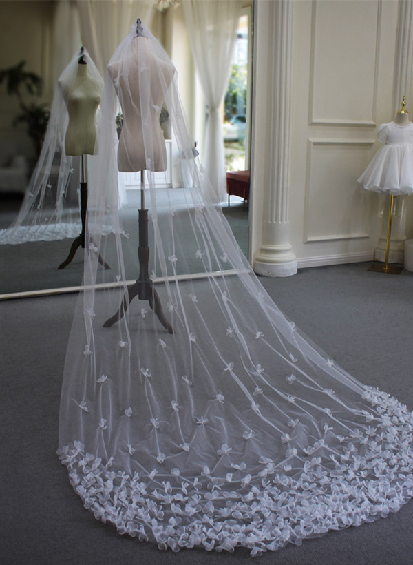 Lace Edge Single Tier Tulle Bridal Chapel Length Wedding Veil With Floral