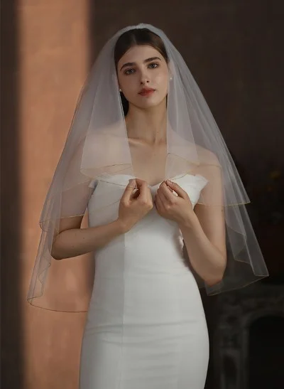 Simple Gold Trim Two-Tier Tulle Elbow-Length Bridal Veil