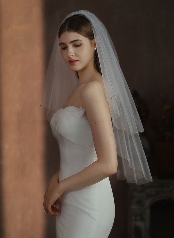 Simple Gold Edge Two Tier Tulle Bridal Elbow Length Wedding Veil